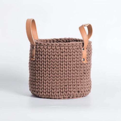 panier de rangement tricoté à la main en coton avec poignée en cuir