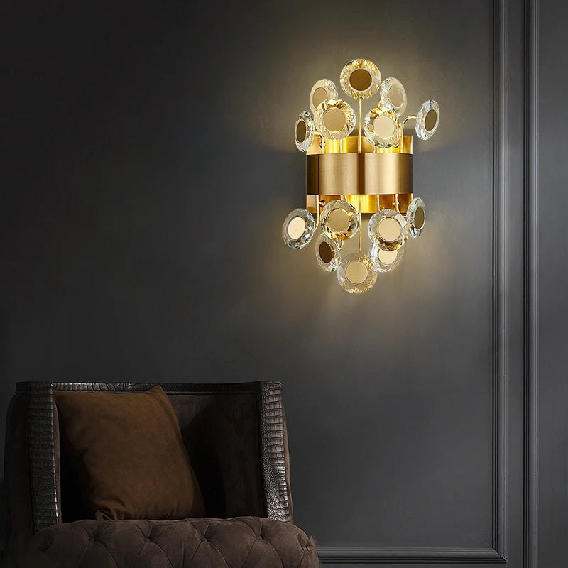 applique murale design moderne éclairage pour chambre à coucher en cristal or brossé décoration de la maison led - vue 6 sur 7