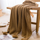 Plaid grosse maille gaufré style nordique avec pompons