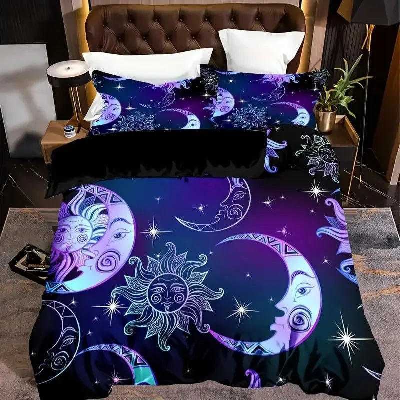 housse de couette bohème soleil lune motif floral noir blanc