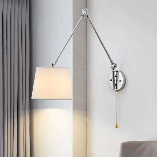 Luxury Chrome Wall Lamp Swing Long Rocker Arm Wall Light LED E27 Adjustable Joint Fabric Sconce Reading Wall Lamps with Switch - vue 4 sur 7