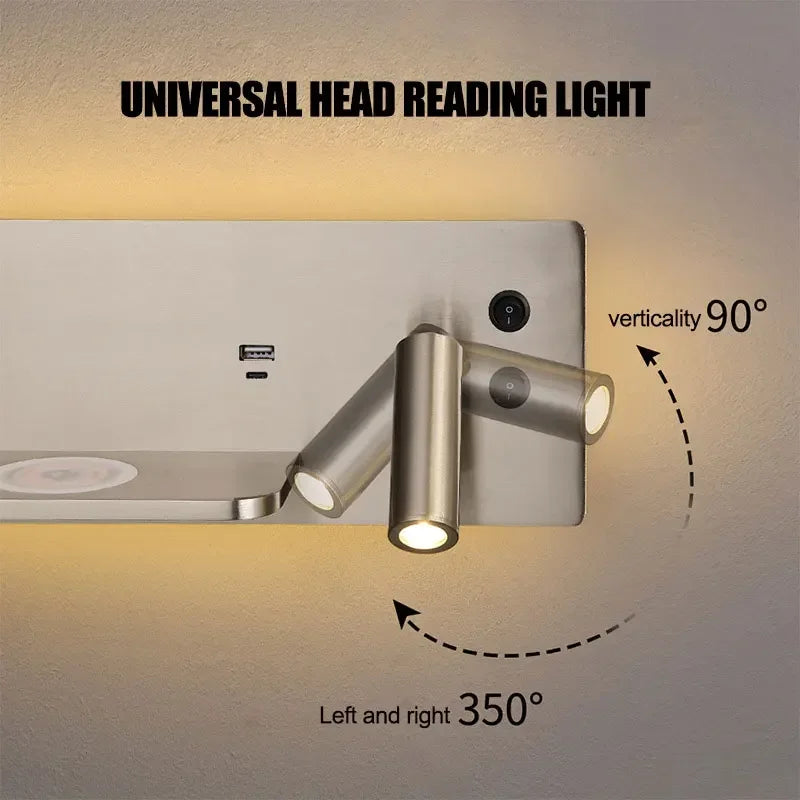 USB LED charge sans fil applique murale or luxe lecture applique murale maison hôtel chambre salon multi-fonction avec interrupteur - vue 6 sur 13