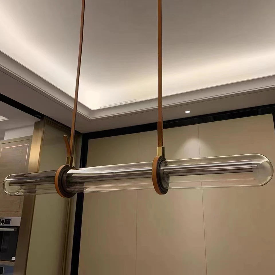 Langer moderner LED-Kronleuchter Luxus Leder Glas - vue 7 sur 7