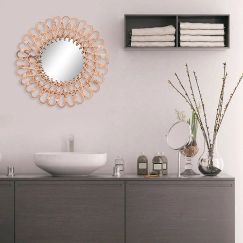 Wall Mirror, Round Wicker Rattan Decorative Mirror, Rustic Natural Rattan Wall Decor with Mounted Frame for Bathroom Hallway - vue 4 sur 7