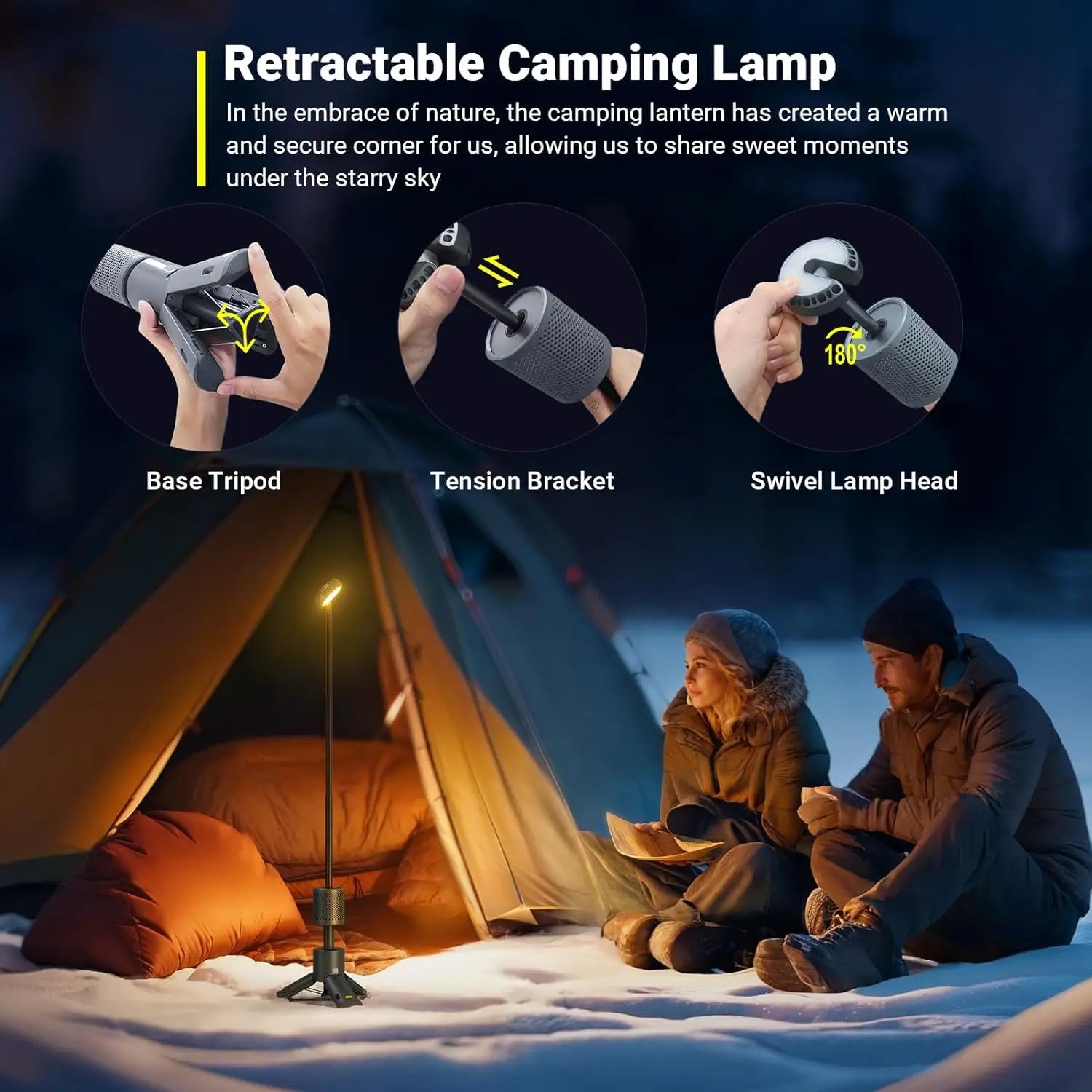 LED Outdoor Camping Lantern, UBS Rechargeable, Adjustable Color Temperature Outdoor Portable Lantern, IP65 Waterproof, Retractab - vue 4 sur 8