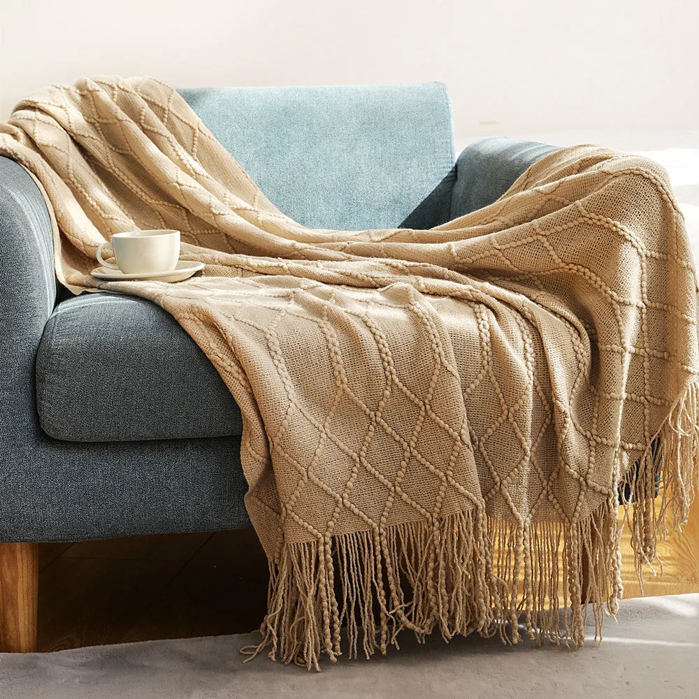Plaid tricot doux avec pompons style salon chambre