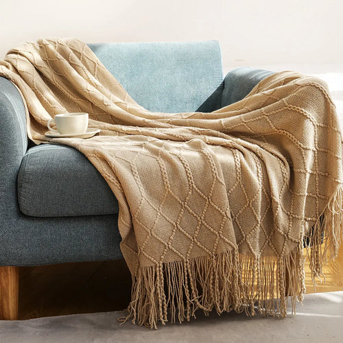 Plaid tricot doux avec pompons style salon chambre