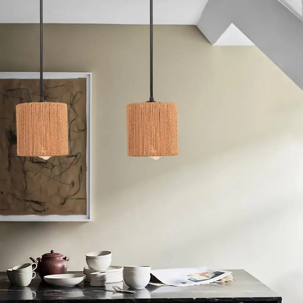 Pendelleuchte Käfig aus Rattan und Eisen im Vintage-Industrie-Stil - vue 5 sur 7