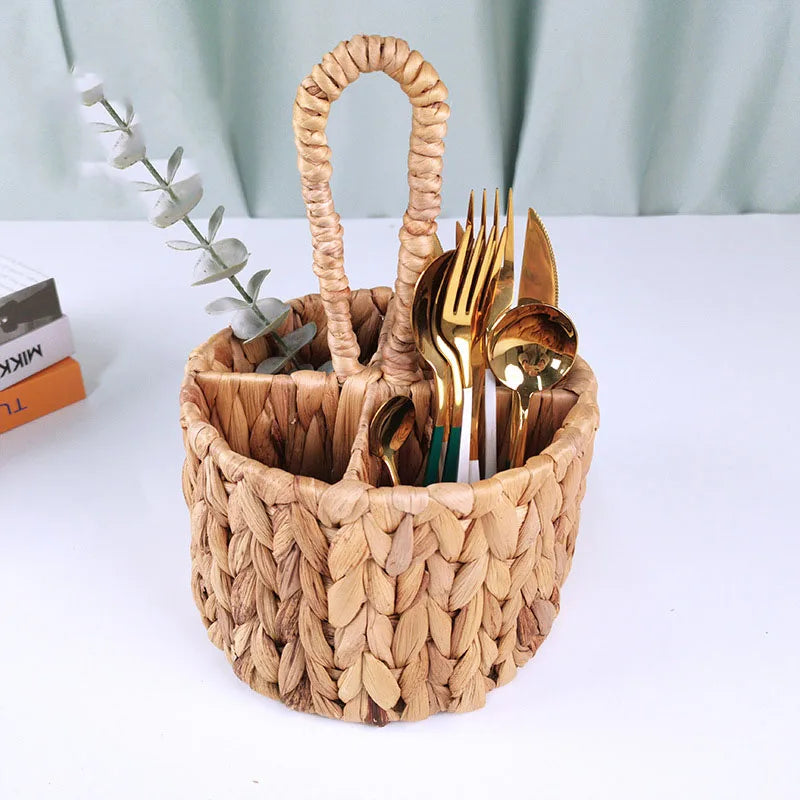 Wicker Flatware Organizer, Hand Woven Water Hyacinth Cutlery Holder for Countertop with Handle - vue 2 sur 6