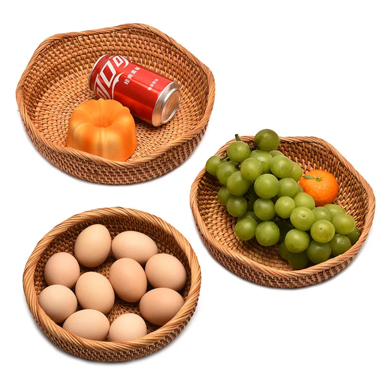 HeMu-Round Rattan Woven Basket, Wicker Fruit Basket, Bread Food, Kitchen Home Decor, Organizer Breadbasket for Kitchen