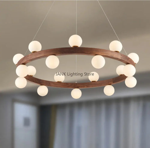 lustre en bois massif avec boule de verre blanc et éclairage intérieur