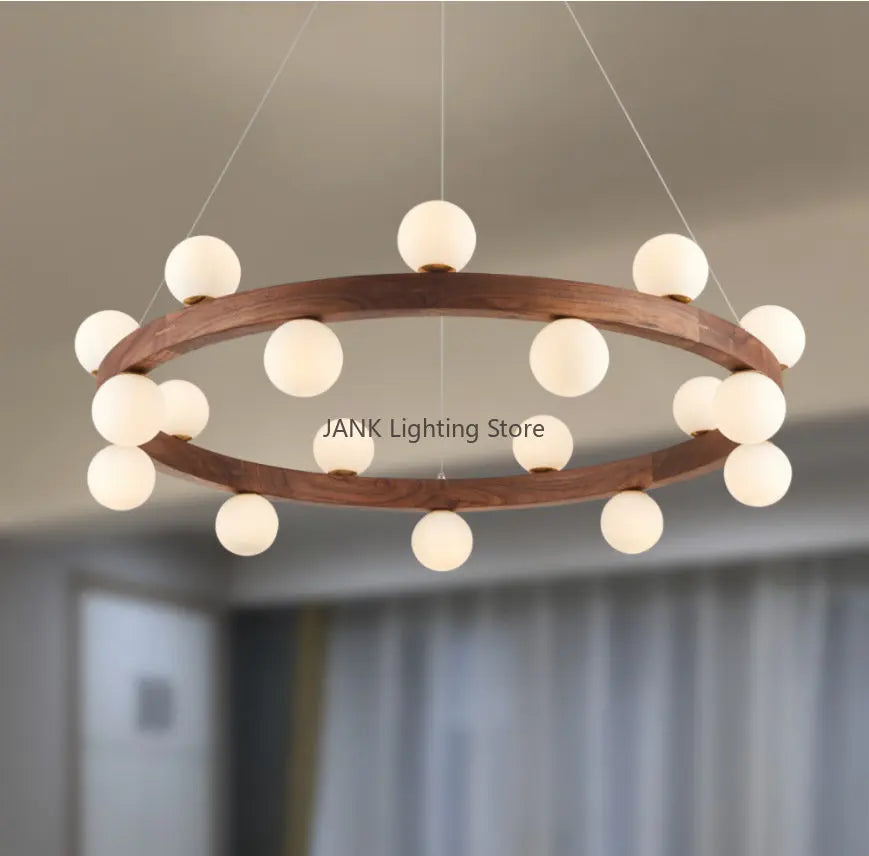 lustre en bois massif avec boule de verre blanc et éclairage intérieur - vue 5 sur 9