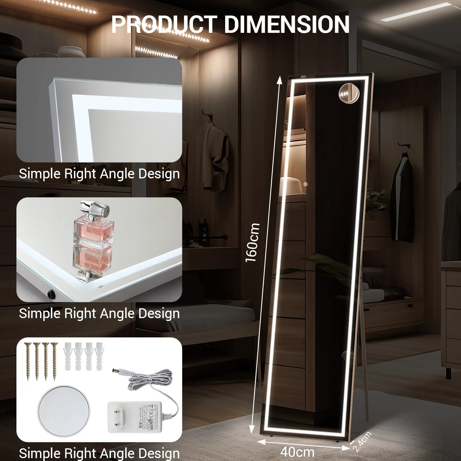 miroir led pleine longueur inclinable avec support et lumière réglable - vue 7 sur 7