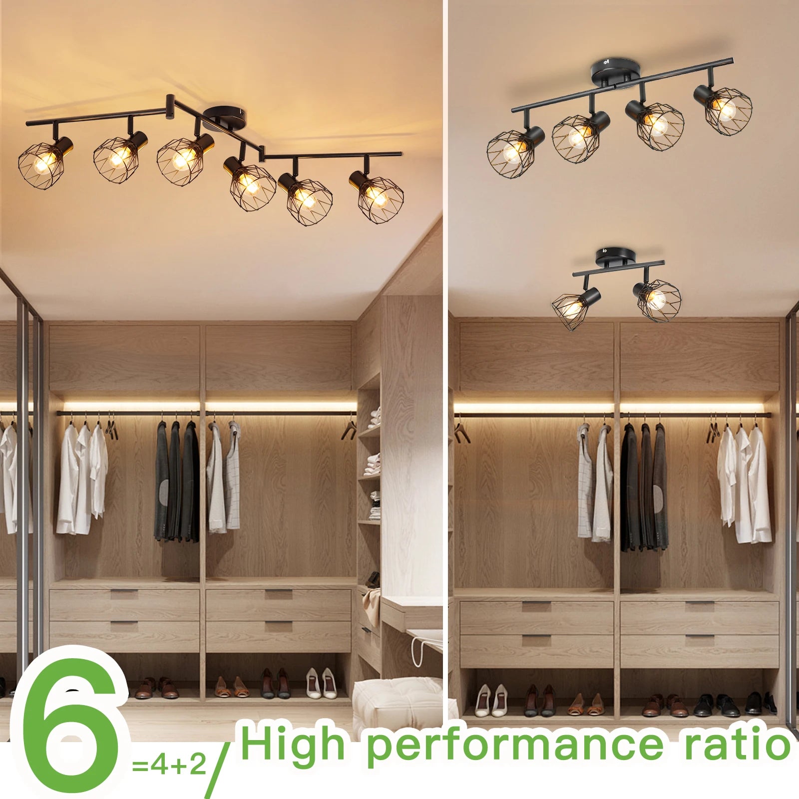 Plafonnier LED 6 voies rotatif - Lumières noires/blanches - Luminaires de plafond - Cage métallique pour plafond E14 - Spot de plafond - vue 7 sur 8