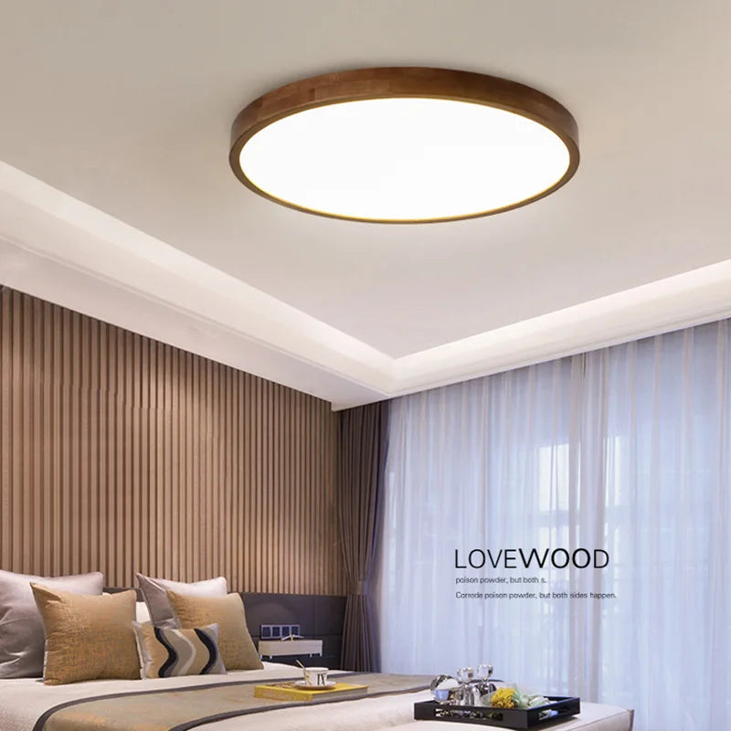 Plafonnier en noyer chinois lampe de plafond ronde en bois Ultra-mince lustre nordique chambre lampe d'étude balcon couloir éclairage - vue 4 sur 5