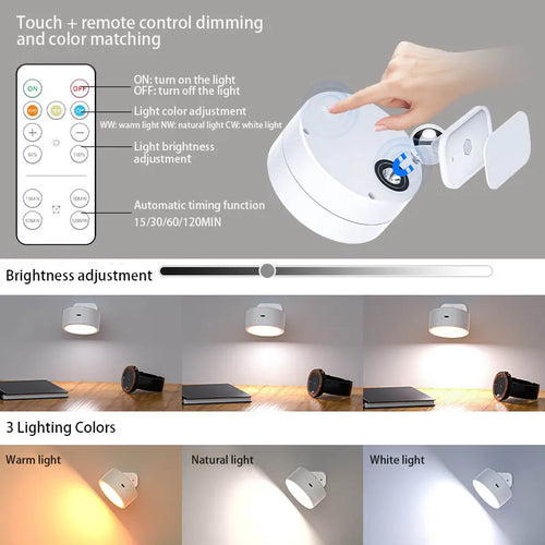 applique murale led rechargeable avec télécommande tactile rotative à 360° - vue 4 sur 7