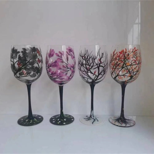 Verre a vin arbre quatre saisons peint main