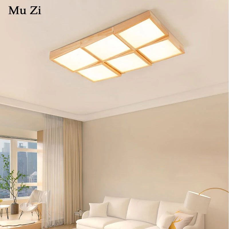 lustre en bois carré à led éclairage intelligent dimmable - vue 2 sur 14