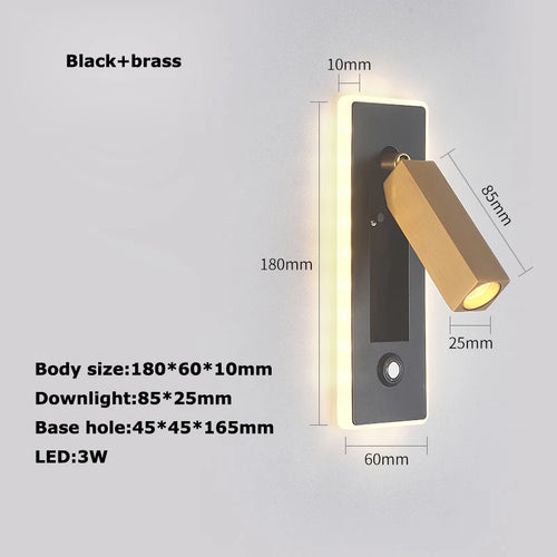 LED Brass Black Wall Lamp Wall Light Wall Sconce Wall Mounted Reading Light with Switch and USB Port, Rotatable For Bedroom - vue 17 sur 23
