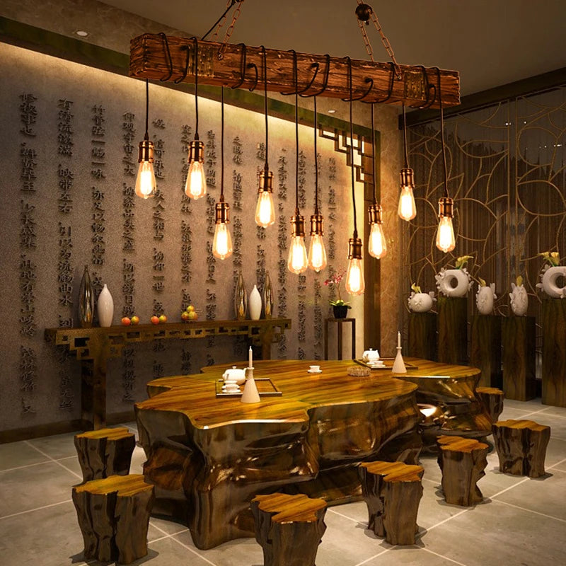 lustre rétro en bois style industriel pour café et restaurant - vue 5 sur 24