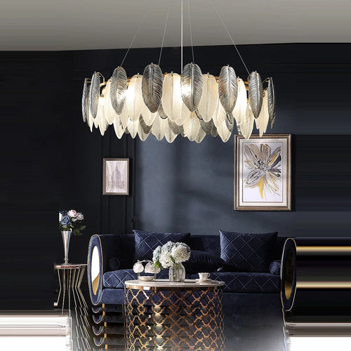 LED-Kronleuchter im Art-Déco-Stil mit weißen und grauen Federn - vue 5 sur 17