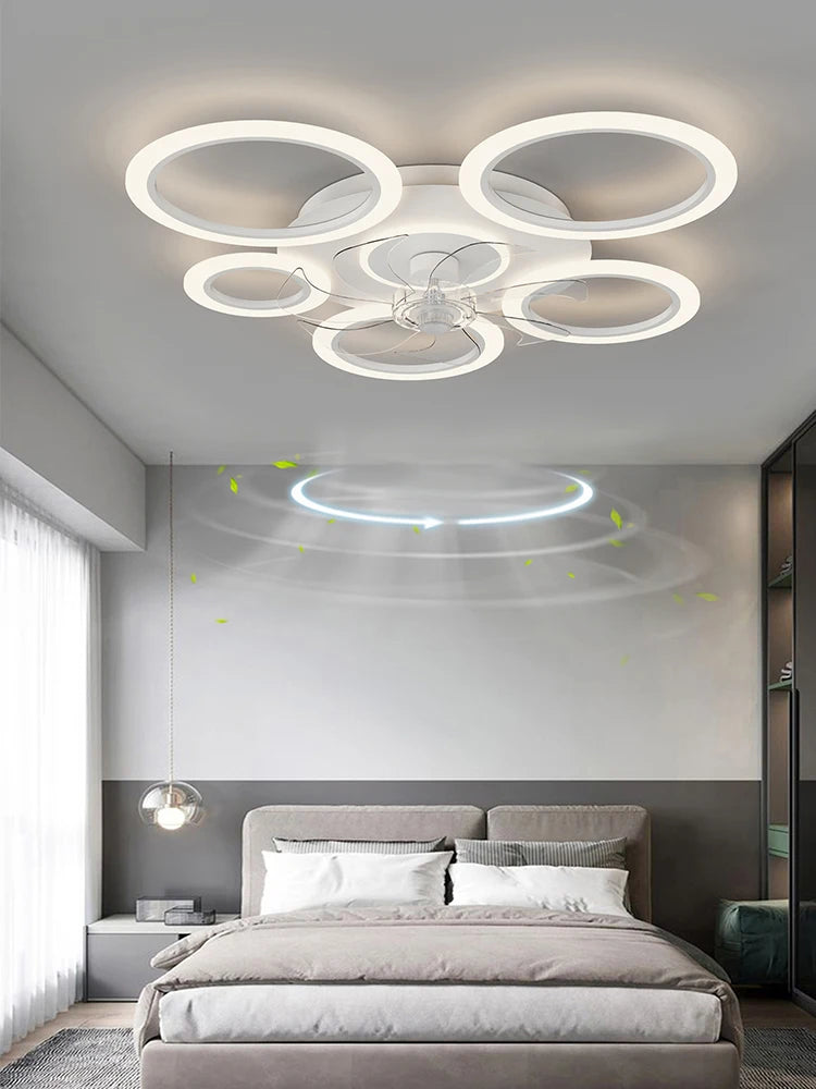 Modern white minimum circular fan light, simple living room ceiling fan light, intelligent control ceiling fan light - vue 3 sur 8