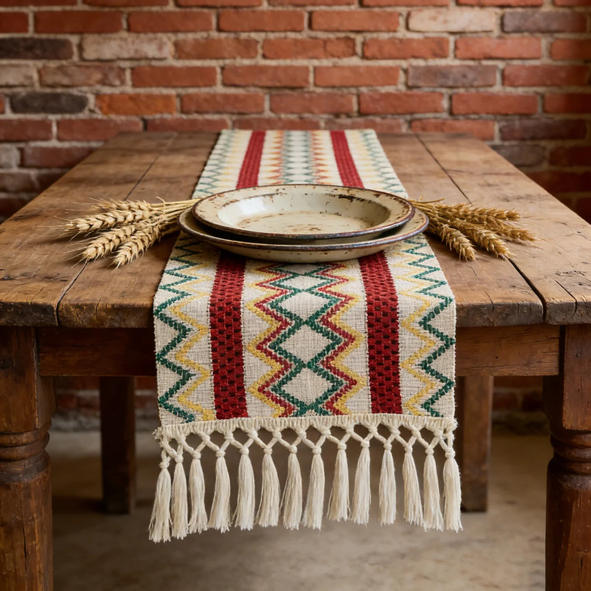 Chemin de table bohème motif aztèque tissé pompons - vue 6 sur 7