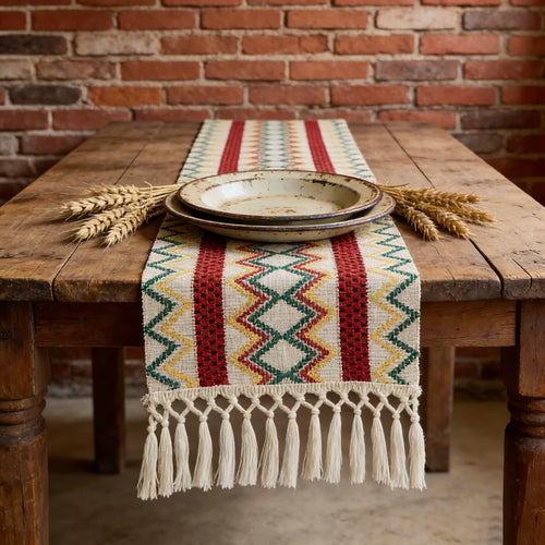 Chemin de table bohème motif aztèque tissé pompons - vue 7 sur 7