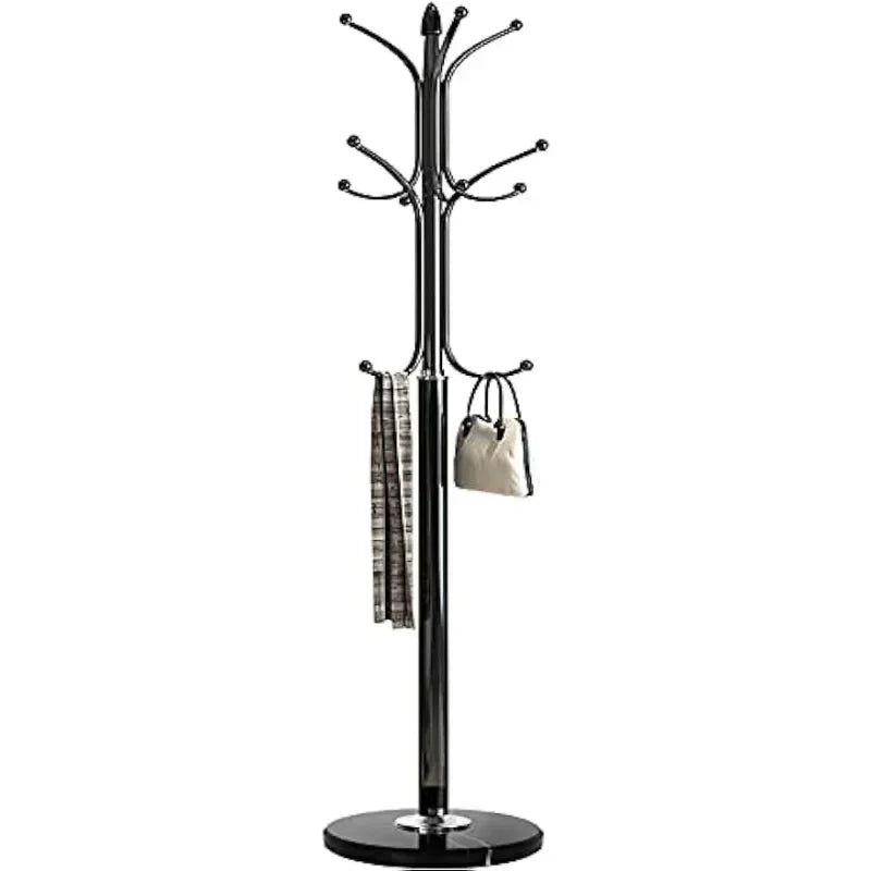 Metal Coat Rack Stand with Natural Marble Base, Free Standing Hall Tree with 12 Hooks for Hanging Scarf, Bag, Jacket