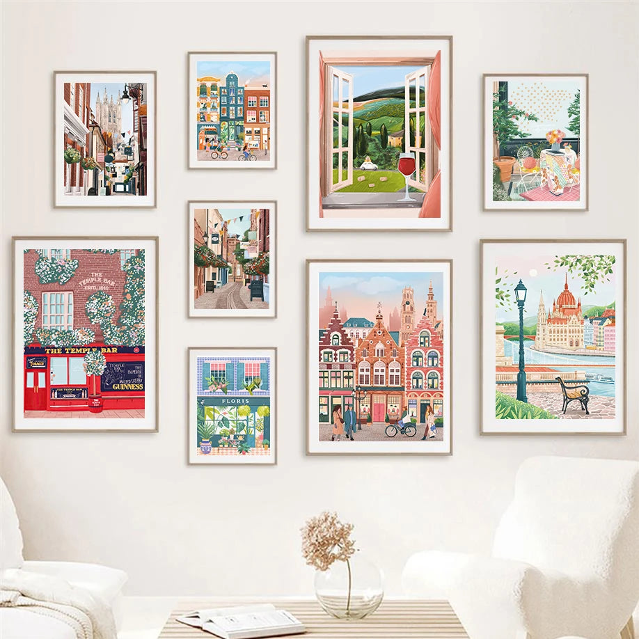 aquarelle art mural ville côtière saloon décor moderne - vue 2 sur 7