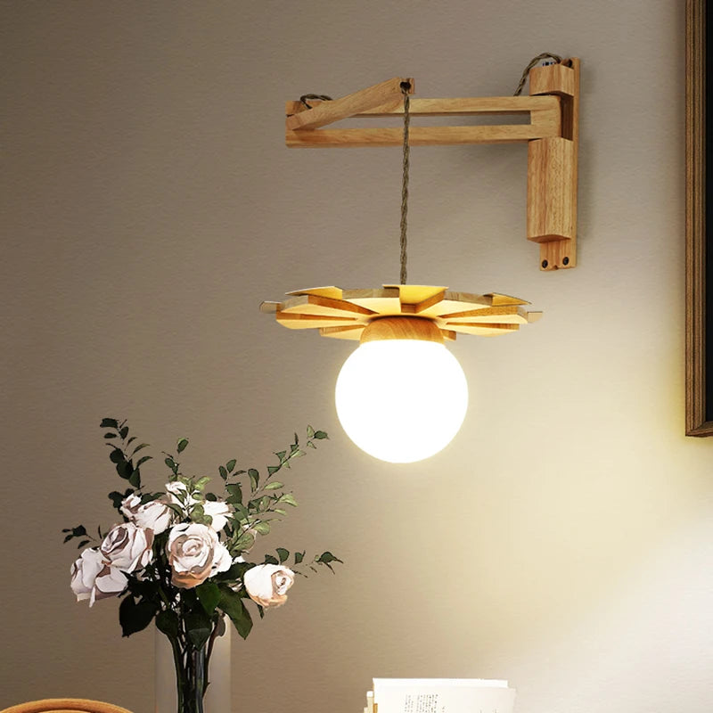 Nordische Wandleuchte aus Holz mit schwenkbarem Arm und LED - vue 3 sur 7