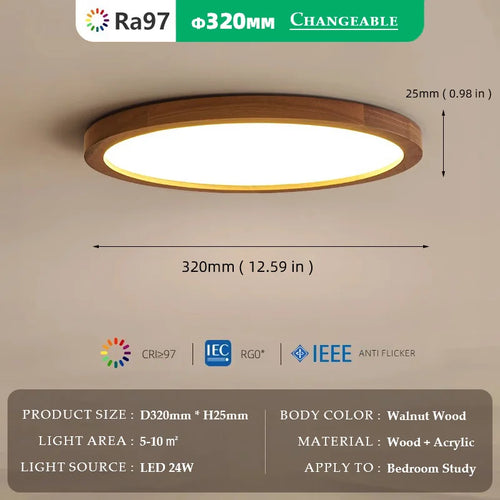 Walnut wood RA≥97, Modern Minimalism Wabi-sabi, Ultra thin eye protection Ceiling light for Living room, Bedroom, Study, Master - vue 9 sur 12