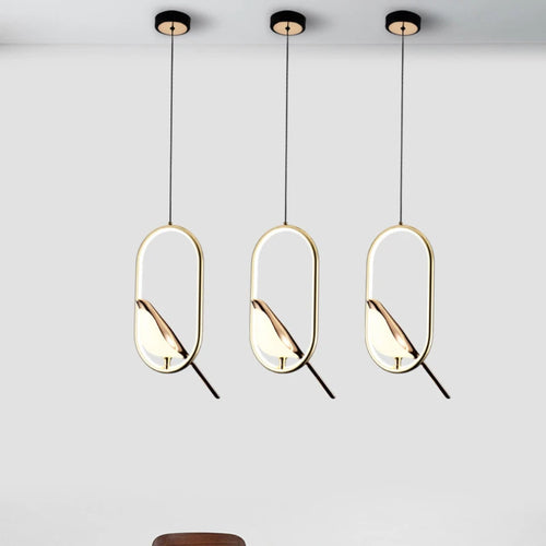 Nordischer Kronleuchter Gold Acryl mit LED-Leiste und Vögeln - vue 6 sur 7