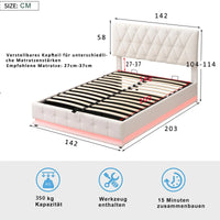 White Upholstered Bed, 140x200cm Double Bed, with Slatted Frame Artificial Leather Cover LED Lighting Hydraulically Liftable Bed