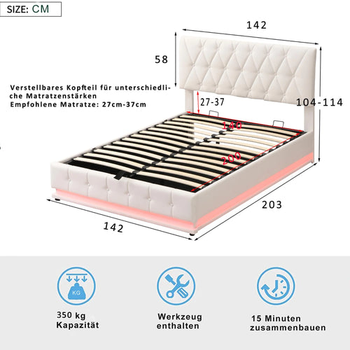 White Upholstered Bed, 140x200cm Double Bed, with Slatted Frame Artificial Leather Cover LED Lighting Hydraulically Liftable Bed