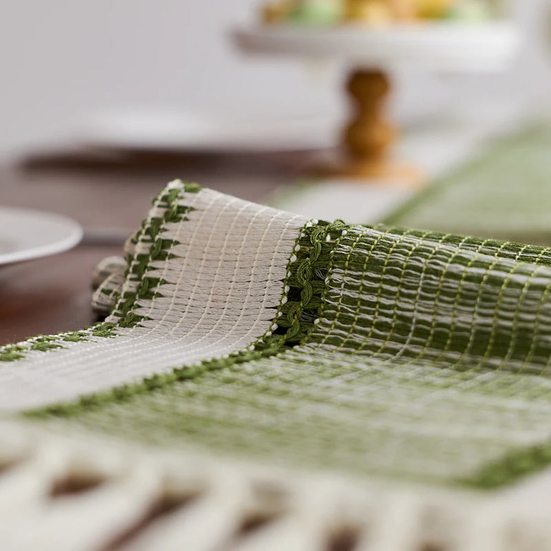 Chemin de table rayé bohème nordique pompons beige