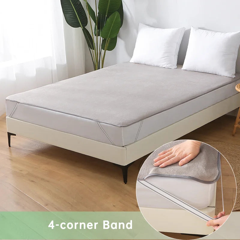 1pc Soft Lightweight Thin Mattress Cover with Elastic Bands, Waterproof Terry Cloth Fitted Sheet, Grey/White - vue 5 sur 6
