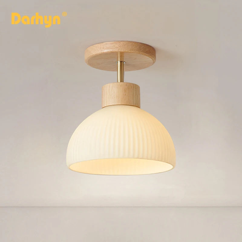 lustre en bois simple avec abat-jour en verre - vue 2 sur 12