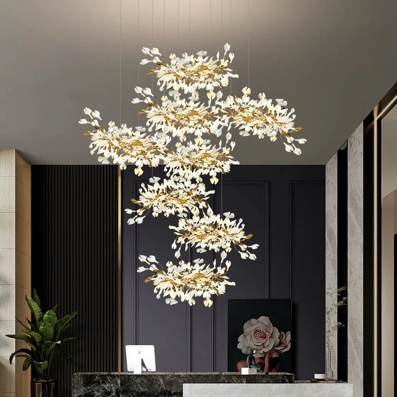 Ginkgo feuille cage d'escalier long lustre lumière atmosphérique villa de luxe duplex bâtiment loft hall d'hôtel lampes d'art créatives - vue 5 sur 20