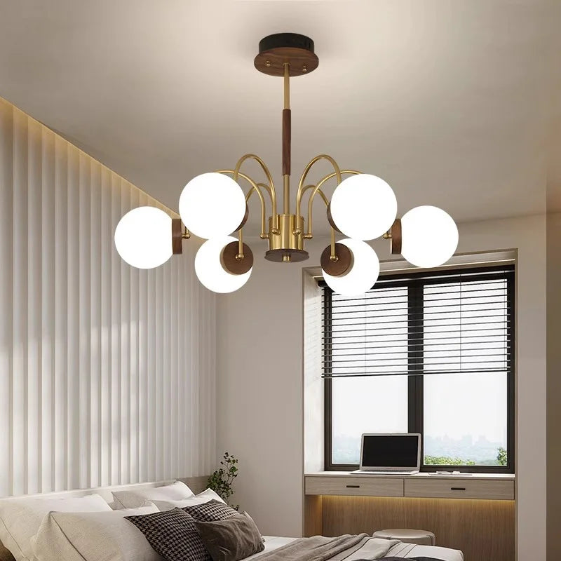 Walnut Wood chandelier lights, Wabi-sabi Modern style, Living Room lighting for Bedroom, Bedside, Living, Dining Room, Showcase - vue 5 sur 9