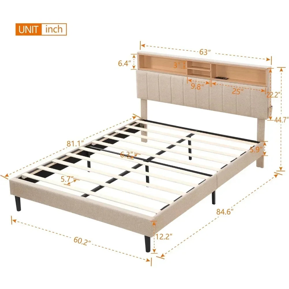 Bed frame bedroom furniture: headboard with storage and USB ports, full, grey modern upholstered platform bed - vue 5 sur 8