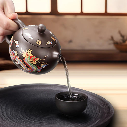 Théière argile motifs dragon phénix style gongfu artisanale