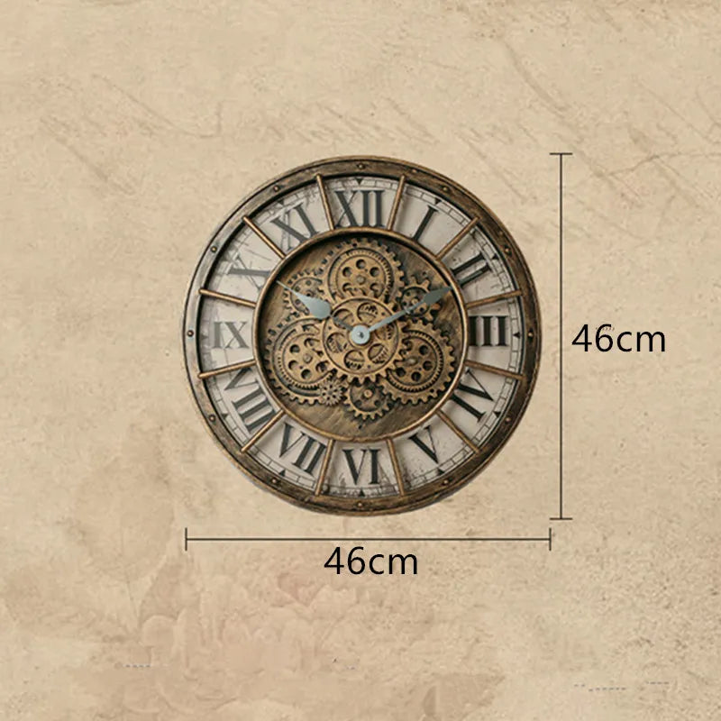3D vintage wall clock, gear rotating wall clock, circular industrial style design, silent, living room decoration
