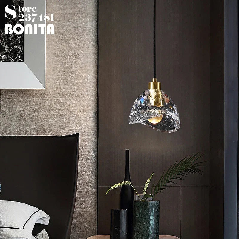 suspension en cristal k9 design brillant en laiton forme diamant - vue 4 sur 8