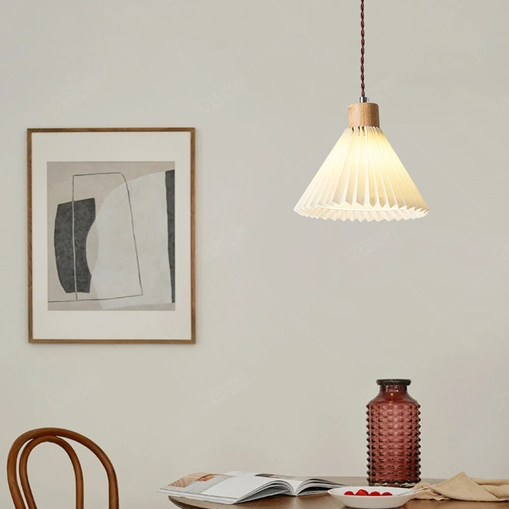 lustre led moderne avec abat-jour plissé suspendu - vue 5 sur 8