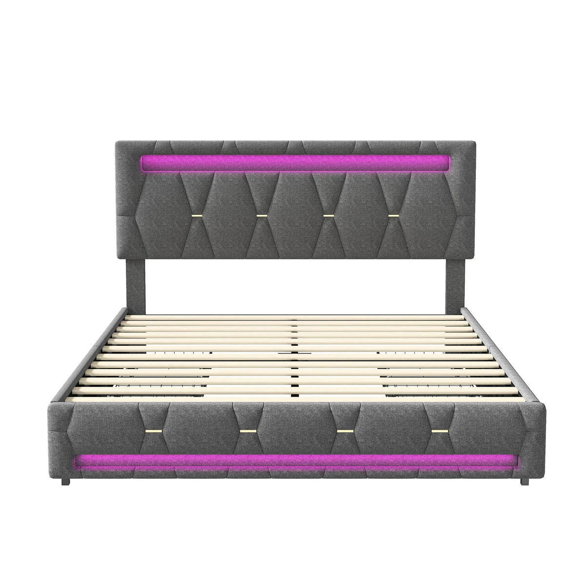 Upholstered Double Bed 140x200cm,LED Bed with 4 Drawers and Adjustable Headboard,Bed Frame with Wooden Slatted Frame,No Mattress - vue 5 sur 7