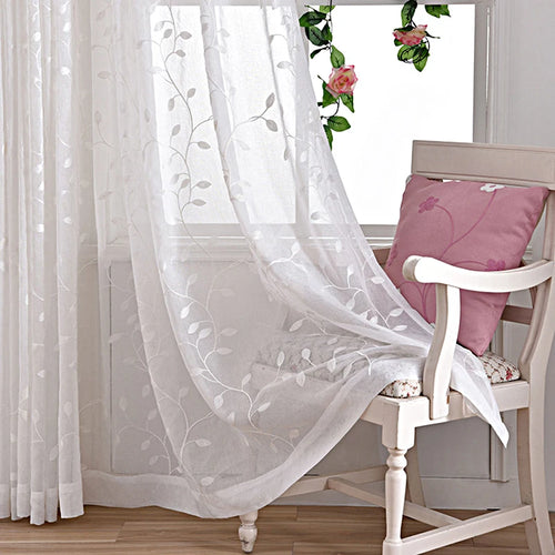 Voilage tulle brodé motif feuilles pour salon chambre