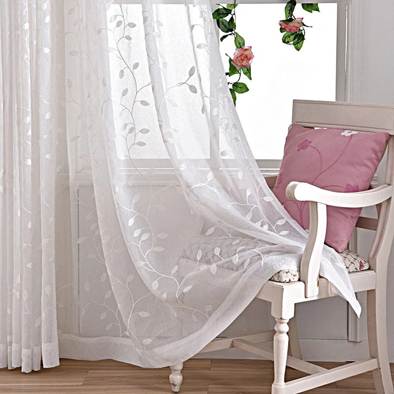 Voilage tulle brodé motif feuilles pour salon chambre