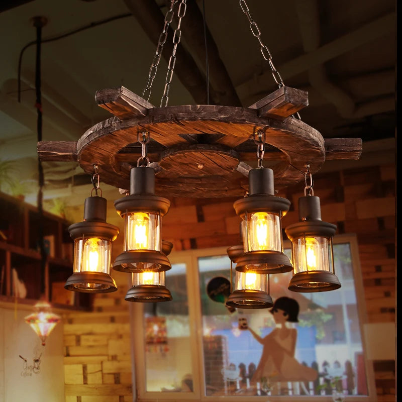 Lustre rétro en bois massif pour salle à manger Bar LOFT bois diverses formes Suspension décor intérieur Luminaire - vue 6 sur 24