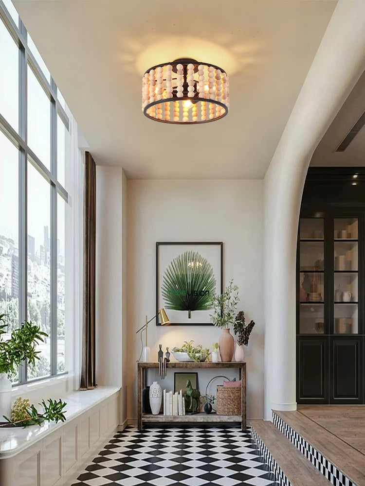 plafonnier en perles de bois fait main style vintage pour intérieur chaleureux - vue 4 sur 7